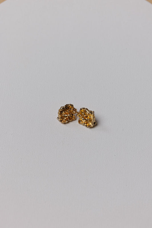 Pair of gold earrings on a light gray background
